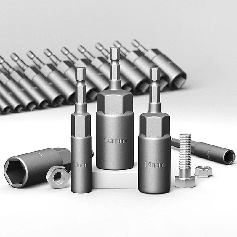 15-Piece 80mm Deep-Reach Power Nut Driver Drill Bit Set - 5.5-19mm Impact Socket Adapter with 6.35mm Hex Shank for Power Tools