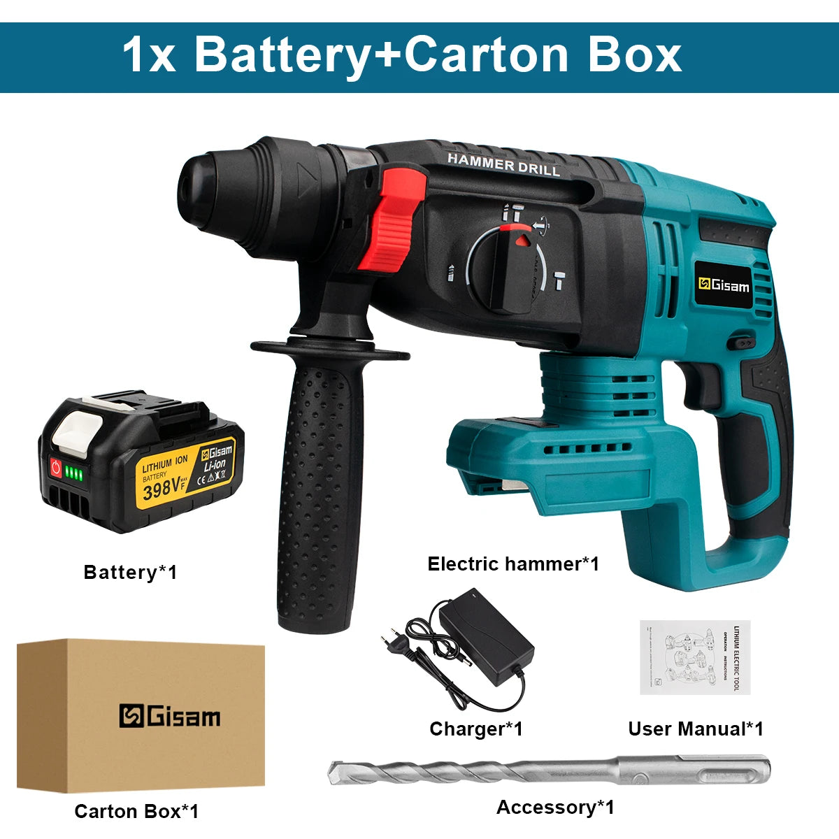 Gisam 26MM Brushless Electric Hammer Drill Multifunctional Cordless Rotary Hammer Impact Drill Power Tool For Makita 18V Battery