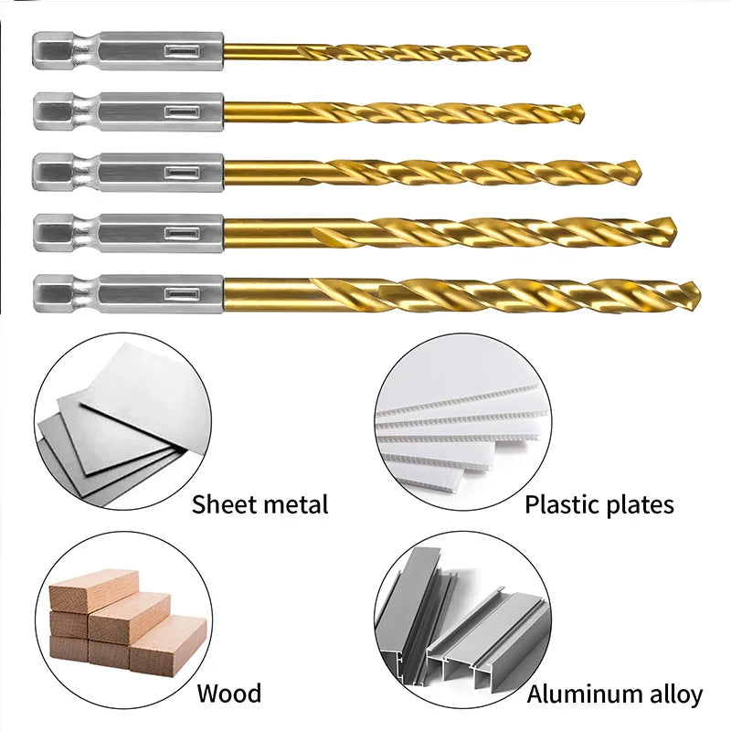 Premium HSS Titanium-Coated Drill Bit Set - 1/4 Hex Shank for Wood, Soft Metal, Plastic, and PVC - High-Speed Steel Power Tool Accessory"