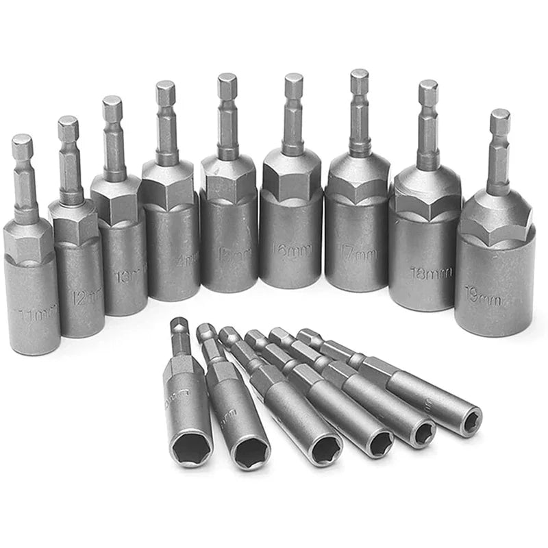 15-Piece 80mm Deep-Reach Power Nut Driver Drill Bit Set - 5.5-19mm Impact Socket Adapter with 6.35mm Hex Shank for Power Tools