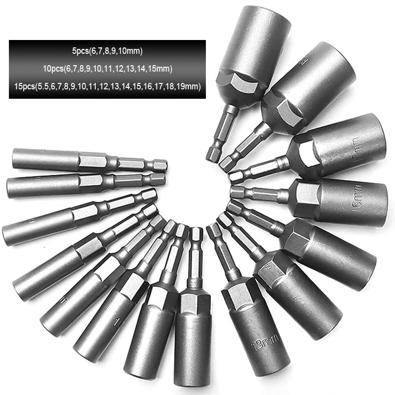 15-Piece 80mm Deep-Reach Power Nut Driver Drill Bit Set - 5.5-19mm Impact Socket Adapter with 6.35mm Hex Shank for Power Tools