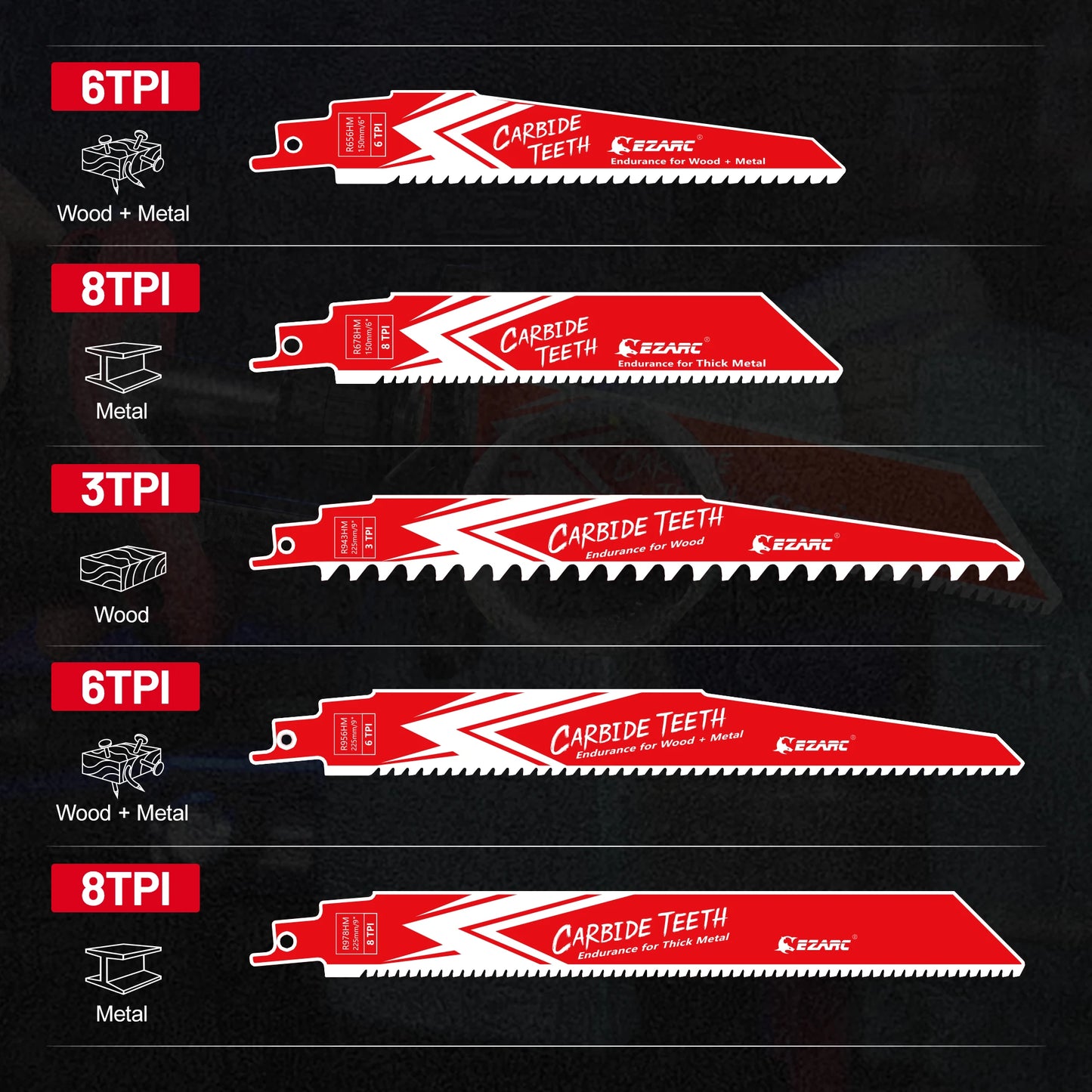 EZARC Carbide Reciprocating Saw Blades 5pcs Set, 3-8 TPI Multi-Material Cutting, Ideal for Wood, Metal, Cast Iron & Alloy Steel