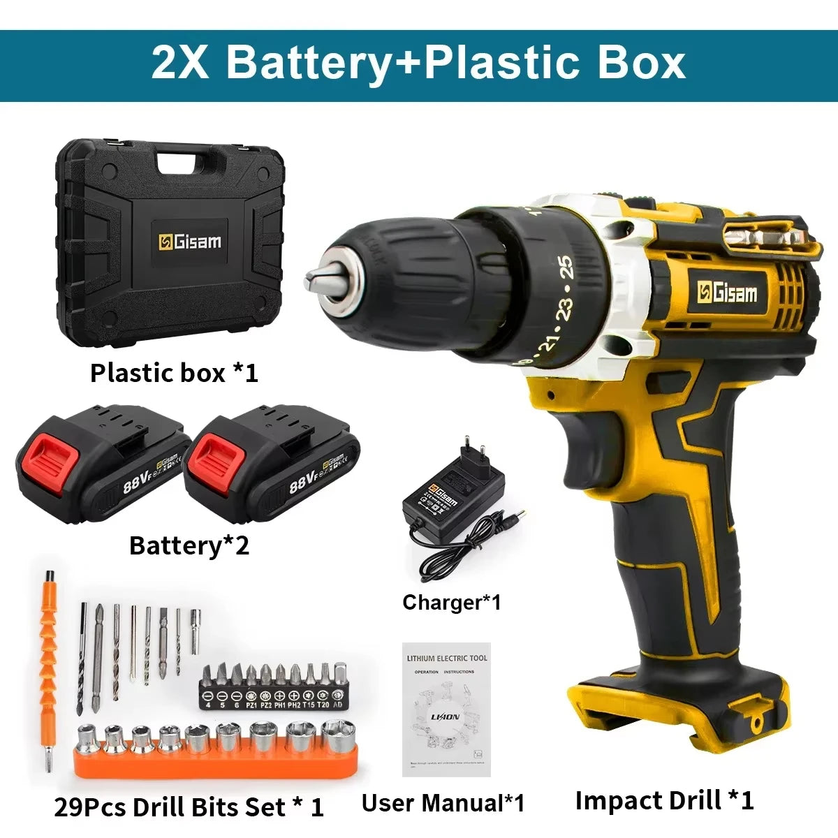 Gisam 25+3 Torque Electric Screwdriver 2 Gears Cordless Electric Drill Multifunctional Wireless Power Driver Power Tool