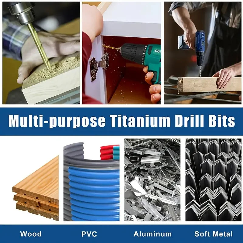 Premium HSS Titanium-Coated Drill Bit Set - 1/4 Hex Shank for Wood, Soft Metal, Plastic, and PVC - High-Speed Steel Power Tool Accessory"