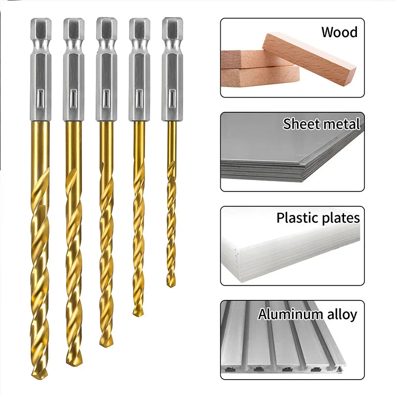 Premium HSS Titanium-Coated Drill Bit Set - 1/4 Hex Shank for Wood, Soft Metal, Plastic, and PVC - High-Speed Steel Power Tool Accessory"