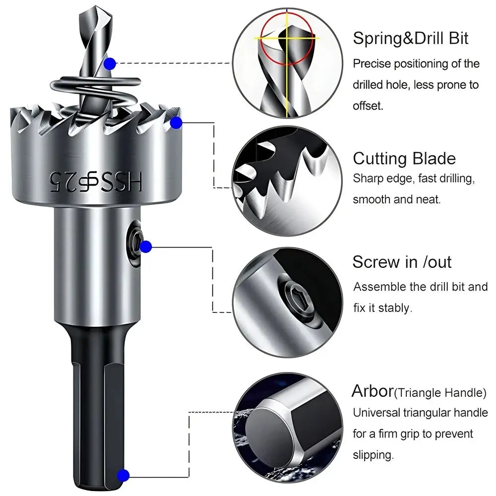 Hole Saw Cutter Drill Bit Set - High-Speed Steel Core for Precision Cutting in Wood, Soft Metal, Plastic, PVC, and Stainless Steel - Power Tool Compatible"
