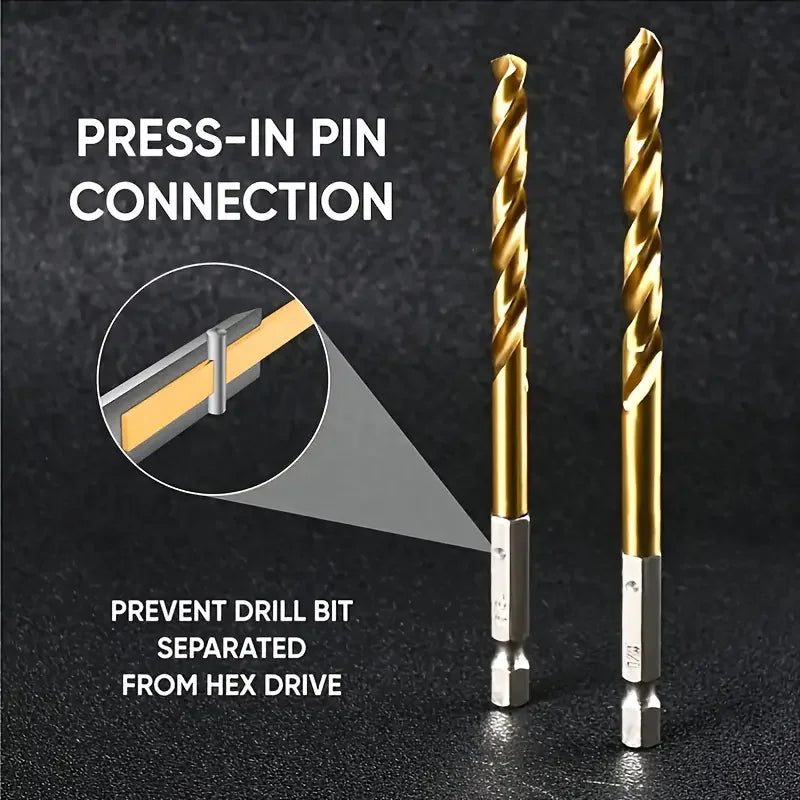 Premium HSS Titanium-Coated Drill Bit Set - 1/4 Hex Shank for Wood, Soft Metal, Plastic, and PVC - High-Speed Steel Power Tool Accessory"